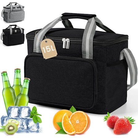 Sort 15 L Isoleret Frokostpose, Blød Køletaske til Mænd/Kvinder, Frokostpose til Frokost/Arbejde/Sc