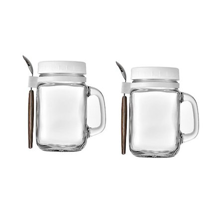 2 stk. glasbeholdere med håndtag og ske, glasbeholdere, genanvendelige, lækagesikre kopper til