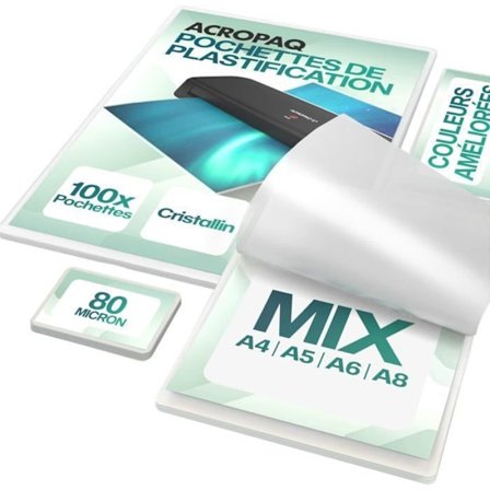 ACROPAQ 100 lamineringsark (20 x A4, A5, A6, 40 x A8) 80 mic - 100 lamineringspåsar Olika storlekar - rundad kant
