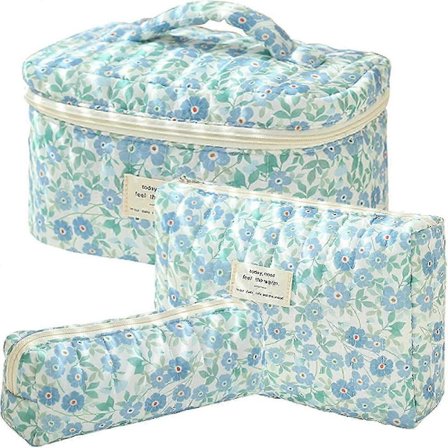 3 stk. Makeup Taske Bomuld Vatteret Rejse Kosmetiktaske Sød Blomstret Makeup Pung Stor Toilet Taske til Kvinder Piger (Sløjfe-Pink)