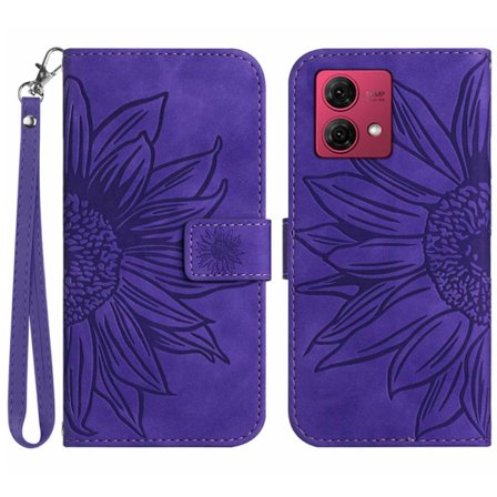 SKALO Motorola Edge 40 Neo 5G Kohokuvioitu Flower PU Nahka Lompakkokotelo - Tumman violetti