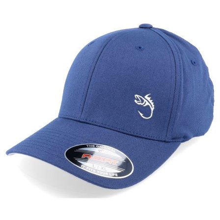 Skillfish - Blå flexfit Keps - White Fish Hook Logo Navy Flexfit @ Hatstore