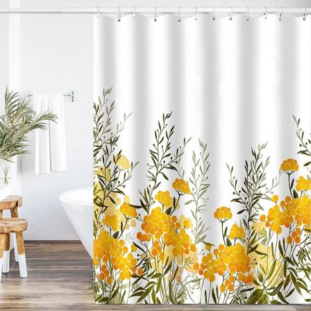 Gul Plante Stof Bruseforhæng, Bruseforhæng Badeværelse, Vandtæt Hurtigtørrende Polyesterstof 72" B x 72"" L med Kroge"