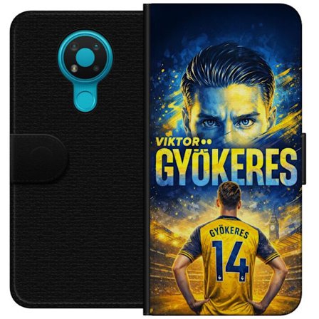 Yhteensopiva Lompakkokotelo Nokia Nokia 3.4 Viktor Gyökeres jalkapallojuliste keltaisella ja sinisellä värimaailmalla, dramaattinen stadiontausta,