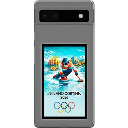 Yhteensopiva Puhelinkuori Google Pixel 6a Jääkiekkoilukuva, jossa pelaajat liikkuvat jäällä, Milano Cortina 2026, Milanin maamerkit ja olympialaisten
