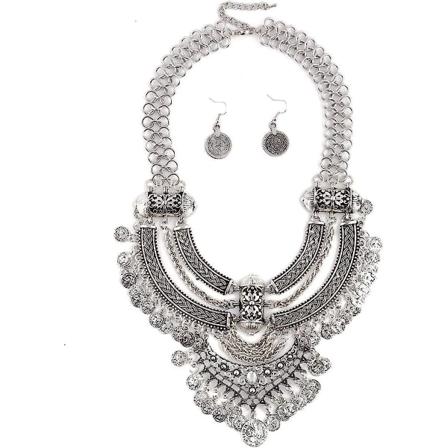 Galaxy Mynthaklapp Metalllegering Halsband för Kvinnor Bohemian Vintage Chunky Tofs Etnisk Stil Halsband (Silver)