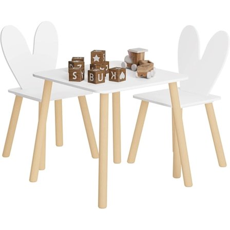 Rootz Kids Bord och stolar Set - Barnsittset - Barnmöbler - Bord med 2 stolar - Kaninöron Ryggstöd - MDF och massivt trä - 49,5 cm x 49,5 cm x 47 cm