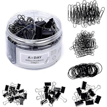 240 st Pappersklämmor, Bindklämmor, Gummiband, Pappersklämmor i olika storlekar, Stora Pappersklämmor, Små Pappersklämmor, Stora Bindklämmor, 