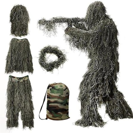 5 i 1 Ghillie Suit, 3D Camouflage Jagttøj Inkluderet Jakke, Bukser, Hætte, Bærepose