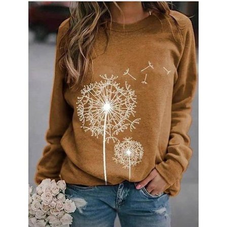 Dame Løvetann Trykk Genser Rund Hals Langermet Topper Basic Jumper Tunika