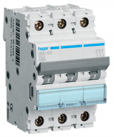 Hager MBN320 Automaattisulake 3-napainen, 6kA, B-käyrä 20A, Liitäntätulpat & kaapelit