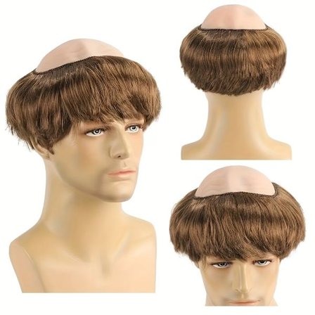 [Brun munkperuk] Brun rak kort herrrakad munkperuk | med mössa, perfekt för Halloween-kostym, temafester och rollspel (Cosplay)