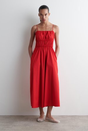 COS Femme Robe Midi En Coton Froncé Dress in Rouge