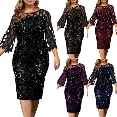 2025 Senaste Modell Stora Storlekar Höstklänningar Sexig Utskärning 3/4 Ärm Mesh Genomskinlig Paljett Midiklänning Mode Cocktailparty Klänning