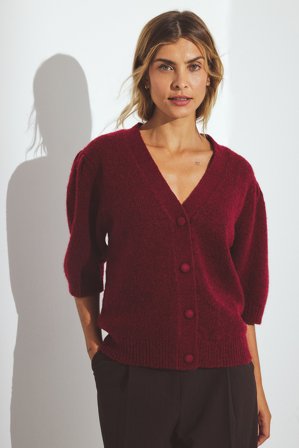 NA-KD Knitted Puff Sleeve Wool Blend Cardigan - Cardigans - Rød - M (EU 38-40)