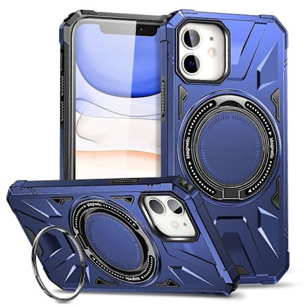 Til iPhone 12 12 Pro 6.1 tommer mobiltelefon cover TPU + PC magnetisk bagside med roterende beslag (havblå, marineblå)