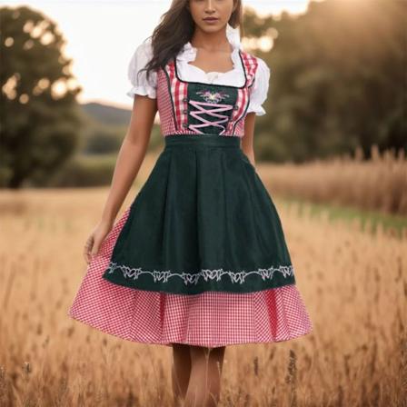 Traditionell bayersk Oktoberfest-dräkt, rutig Dirndl-klänning för kvinnor, förklädesklänning, tysk öl-tjej, piga, cosplay-festklänning M Army Green