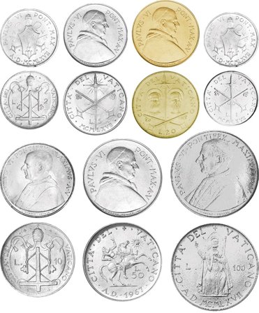 Vatikanet 1967 - 1 + 2 + 5 + 10 + 20 + 50 + 100 Lire - 7 mønter - Ucirkuleret