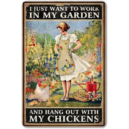 Vintage "Jeg vil bare jobbe i hagen min" Metallskilt - Rustikk våningshus kylling- og hagedekor