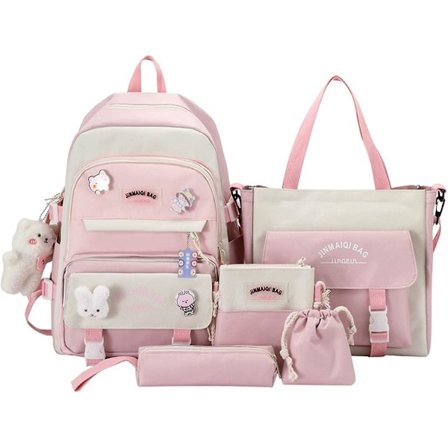 5-pak Kawaii Rygsæksæt med Bjørnevedhæng, Tilbage til Skole Tilbehør, Søde Kaninbrocher Stor Skole Taske i Lærred med Håndtaske (Pink){EE}
