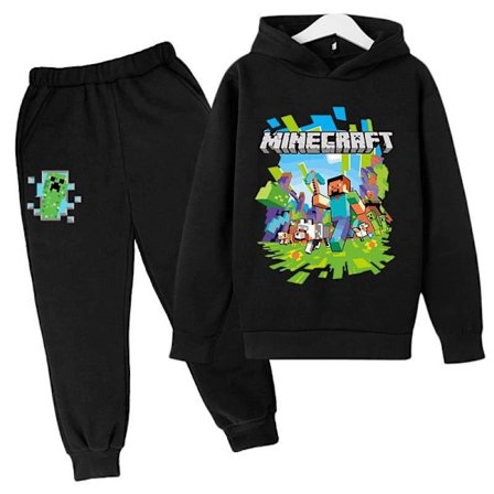Minecraft Spel Träningsdräkt med Huva för Barn Unisex Sport Hoodie Byxa Outfit Set Svart 9-10 År
