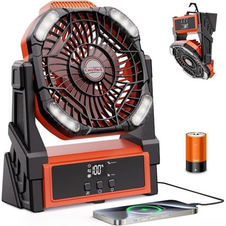 Bærbar Campingventilator med LED-lys, Hængeventilator, 20000mAh, USB-opladning, 4 Hastigheder & 3 Lysstyrker