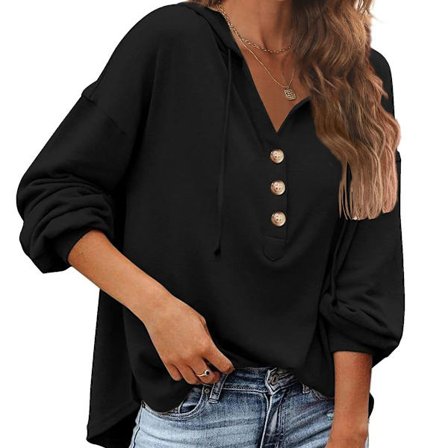 Kvinners hettegenser knapp ned genser V-hals genser med hette