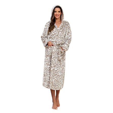 Europeisk och amerikansk höst- och vinterflanell förtjockad nattklänning förlängd knytning enfärgad huvad badrock för kvinnor