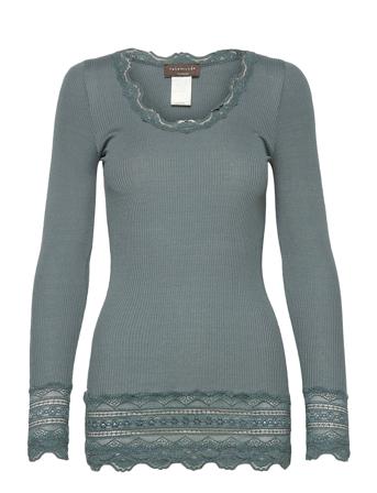 Silk T-Shirt W/ Lace T-shirts & Tops Long-sleeved Blå Rosemunde