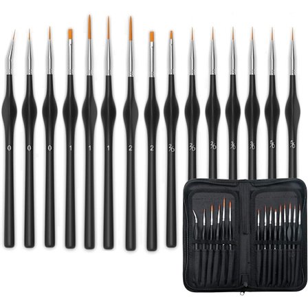 Set med 15 detaljerade penslar med etui, miniatyrpenselset, professionellt mini-finpenselset med bärväska
