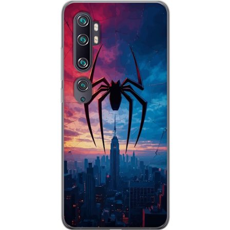 Kompatibel Mobilcover til Xiaomi Xiaomi Mi Note 10 Stiliseret edderkop over byens silhuet i dramatisk solnedgang, grafisk fantasyillustration med stæ