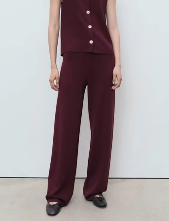 Mango Knitted Trousers With Elastic Waistband - Burgundy - L