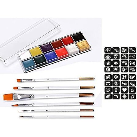 Ansigtsmalingspalette 12 Pakke Kropsmalingssæt 6 Pensler 32 Stenciler