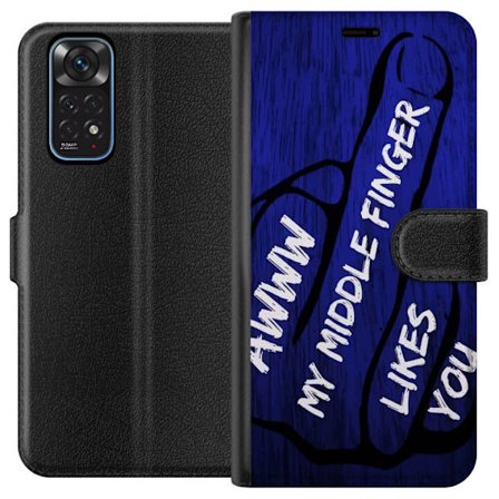 Kompatibelt Lommeboketui til Xiaomi Redmi Note 11 Mørk typografisk illustrasjon med hjerteform og budskap om vennskap mot dyp blå tretekstur