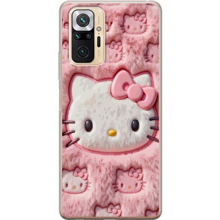 Kompatibelt Mobildeksel til Xiaomi Redmi Note 10 Pro Hello Kitty rosa fluffy bakgrunn med ikoniskt ansikt og kawaii-estetikk