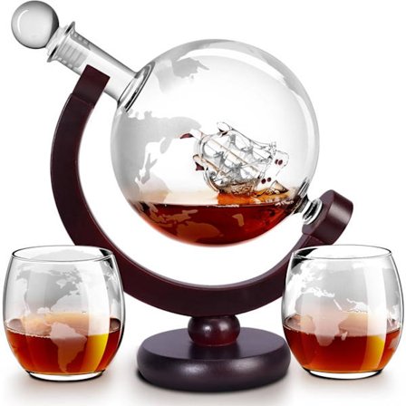 Globe Graveret Whiskey Karaffel Sæt - 850ml Sfære Karaffel med 2 Graverede Whiskeyglas til Bourbon Scotch Cocktails, Herregave