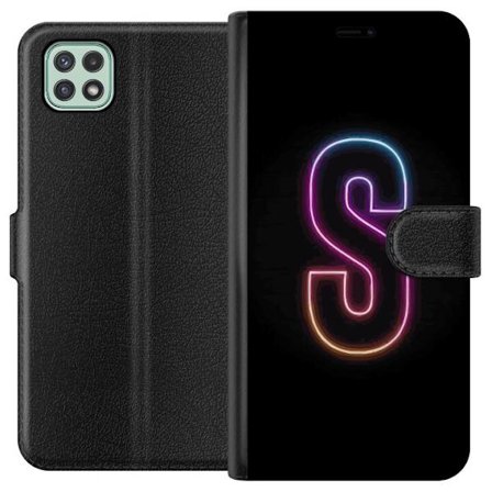 Kompatibelt Plånboksfodral till Samsung Samsung Galaxy A22 5G Neonbokstav S i lysande rosa och blå toner mot mörk bakgrund, stilren bokstavskonst m