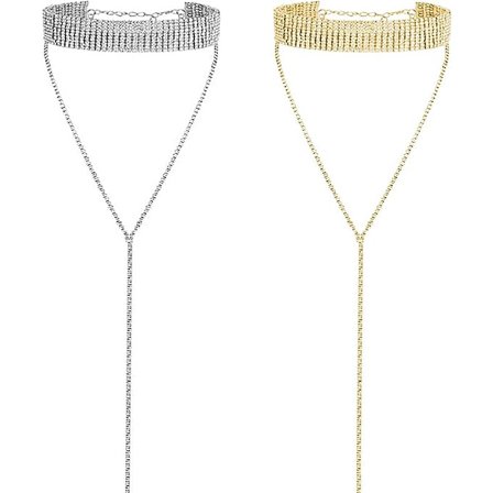 Rhinestone Tassel Choker Y Halsband Flerskiktat Brett Halsband Adj