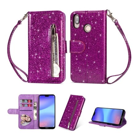 Huawei P20 Lite beskyttelses deksel av syntetisk skinn med glitter pulver - lilla