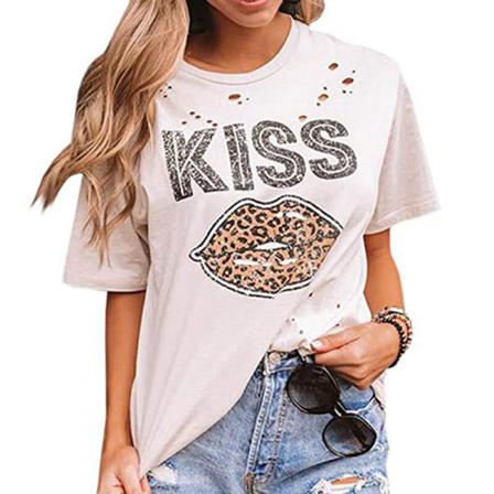 Print För Damer Tunika Blus Hollow Out T-shirt