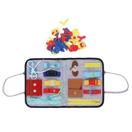 Læringsbræt til småbørn med tal og bogstaver - Legetøj til børn med lynlås, snørebånd og lommer med trykknapper - Sensorisk aktivitetsbræt