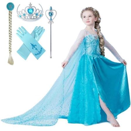 Elsa prinsessekjole +4 ekstra tilbehør - Perfet LightBlue 120 cm