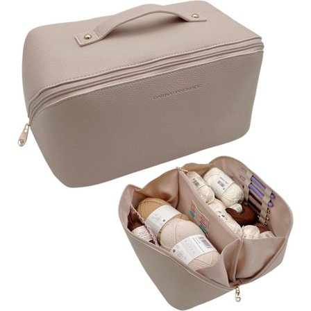 Håndlaget hekle- og strikkepose - Stor oppbevaringspose for ull og tilbehør - Håndverksprosjektorganisator (Beige)