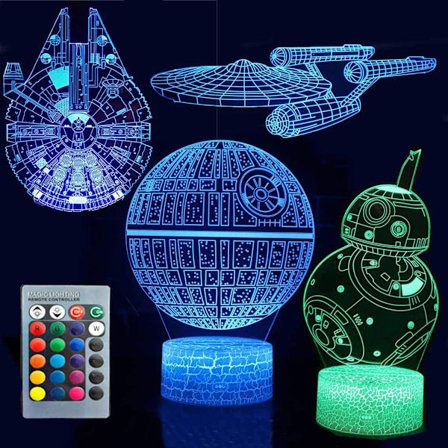 3D Illusions Star Wars Nattlys Fire Mønster Dødsstjerne/Millennium Falcon/Romskip/BB-8 Interstellar 7 Fargeendring Dekor Lampe Skrivebord Bord Nattlys