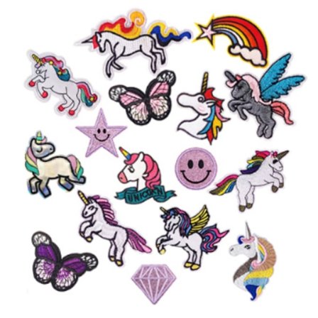 Pakke med 16 broderte barnemerker, DIY stryke-på-merker, søte klesmerker, lyse farger, applikasjons håndverkstilbehør for DIY, jeans