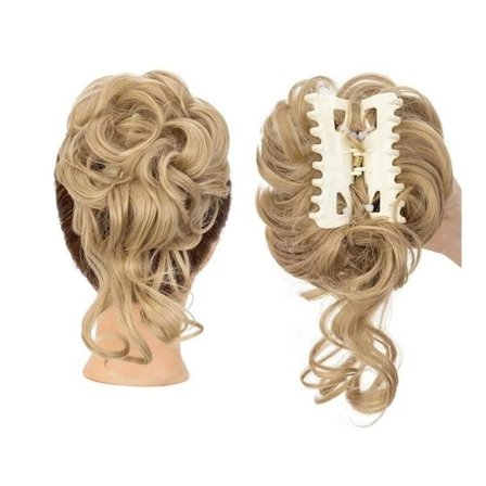 Hårtofs med klämmor - Naturlig chignon i lockig vågig stil, slarvig knut med slingor för kvinnor