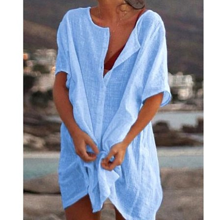 Oversized bomulls-t-skjorte strandkjole for kvinner, bikini-cover-up med rund hals, knappestolpe
