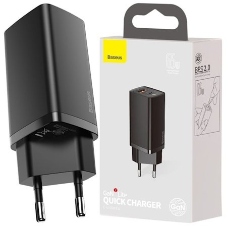 Baseus GaN2 Lite hurtiglader 65 W USB / USB Type C Quick Charge 3.0 Strømforsyning (galliumnitrid) svart (CCGAN2L-B01)