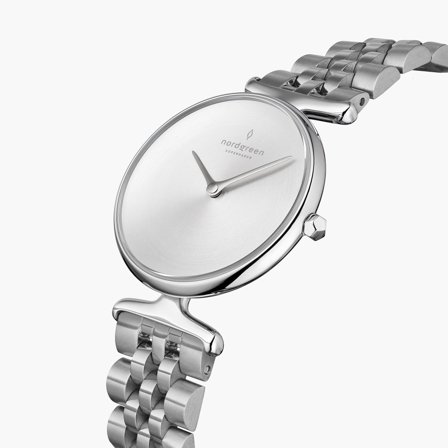 Nordgreen Best Women's Slim Designer Watch - Silver Case - Brushed Metal Dial - 32mm Silver 5-link Strap White Dial Unika