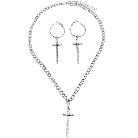Unik Gothic Silver Sword Dagger Hoop Dingle Örhängen Hänge Halsband Set Punk Style Sword Earrings Halsband för kvinnor Flickor Tonåringar Vänskapsfest
